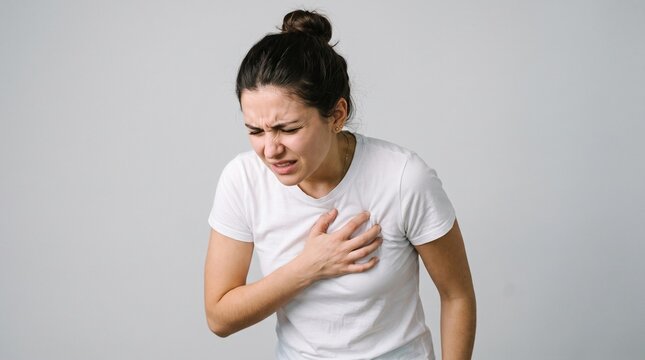Young woman grimacing in pain while clutching her chest with hand suffering from sudden cardiac ache against plain gray background