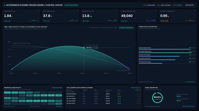 Autonomous dynamic pricing control center dashboard with real-time financial data, for algorithmic market analysis, automated business intelligence, financial technology operations