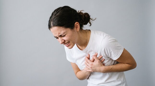 Young woman clutching her chest in severe pain suffering from sudden heart attack or cardiac issue against neutral background