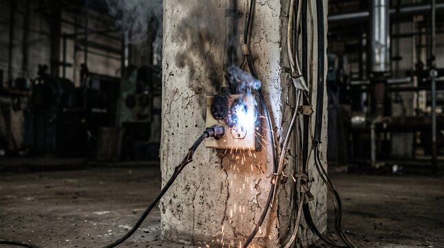 Electrical short circuit with sparks and smoke burning from a faulty power outlet on an industrial concrete pillar