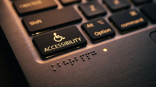 Close up of laptop keyboard featuring accessibility button with wheelchair icon and tactile braille dots on chassis for inclusive digital technology