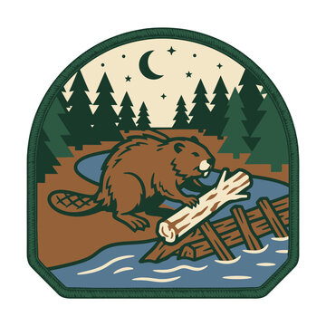Vintage Beaver Patch Illustration Building Log Dam in Night Forest