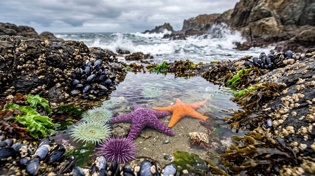 Colorful starfish sea anemones and sea urchin resting in a clear rocky tide pool along a rugged ocean coast with crashing waves under cloudy skies
