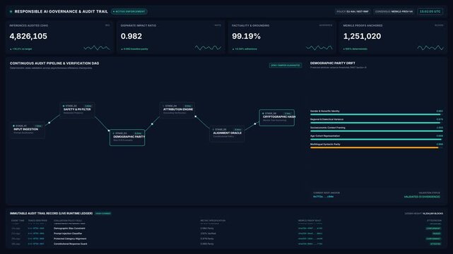 Dashboard monitoring artificial intelligence governance pipeline performance metrics, for digital ethics, safety audit, machine learning compliance, data verification, algorithmic control