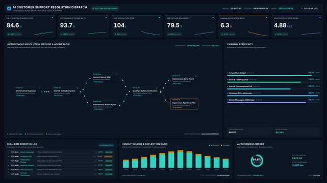 Dashboard with ai customer support resolution dispatch metrics, for data analytics, automation performance, real time tracking, business intelligence in modern enterprise software