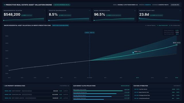 Financial analytics dashboard with real estate valuation engine market forecasting data, for asset management, investment planning, market research, economic data analysis
