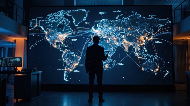 Silhouette of businessman analyzing global network traffic and data streams on large digital world map screen, cybersecurity and big data analytics concept