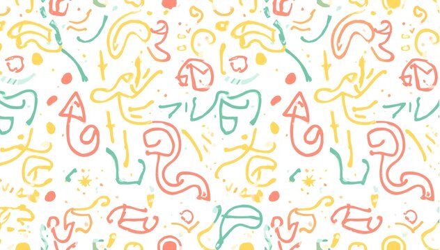 Seamless pattern of playful continuous line art flowers with colorful scattered dots.