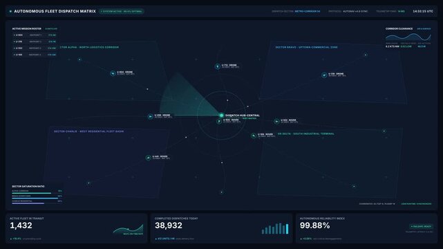 Futuristic digital map with autonomous fleet tracking matrix, for drone delivery network, logistics management, smart city operations, automated robotic transport systems