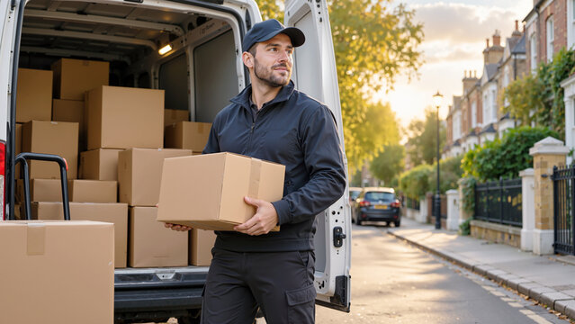 Delivery Man Holding Cardboard Box in Front of Open Cargo Van on Residential Street
