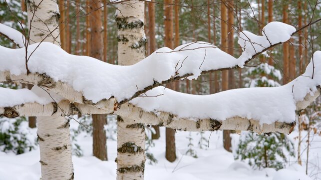 Winter forest scene showcases snowcovered birch branches.