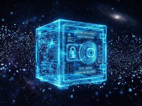 Glowing blue digital safe box featuring holographic data encryption panels in space