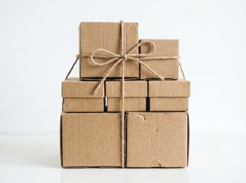 A stack of cardboard boxes tied together with natural brown twine and a bow