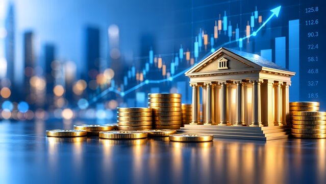 Miniature classic bank building with gold coin stacks against a blue stock market chart background. Concept of corporate wealth management and economic dividend growth.