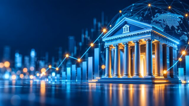 Classical bank building with glowing financial charts and digital globe. Concept of global wealth management and commercial fintech investment.