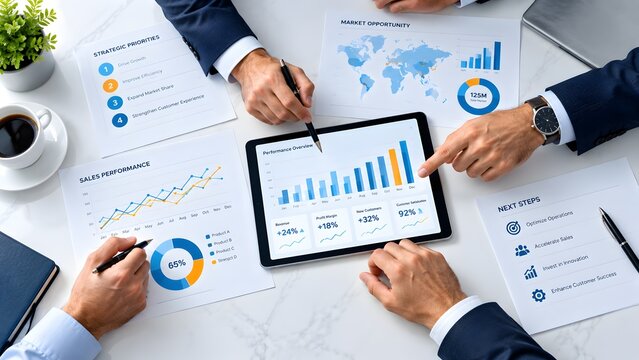 Top view of corporate business team analyzing financial data on a digital tablet and printed reports. Concept of strategic commercial planning and optimization.