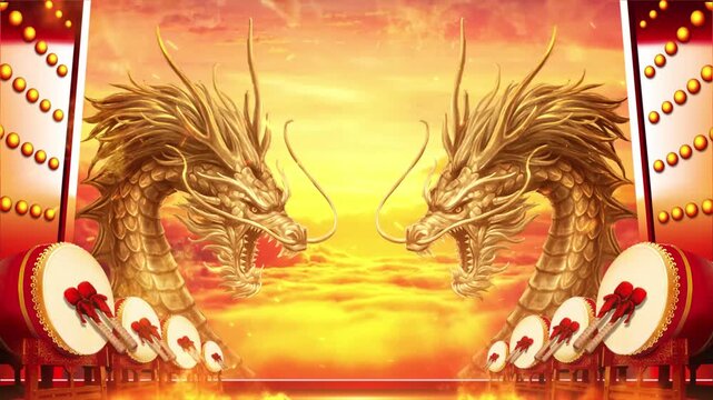 Two golden Chinese dragons facing each other with traditional red drums on stage against fiery sunset backdrop
