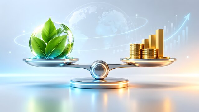 Balance scale weighing green leaves inside a glass sphere against gold coins and charts. Concept of green economy paradigm shift and corporate environmentalism.