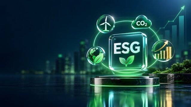 Glowing green esg digital hologram with sustainability icons and financial growth symbols on a sleek podium against a futuristic corporate cityscape. Concept of synergistic paradigm innovation.
