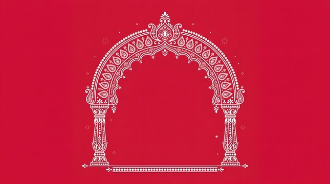 Traditional indian wedding arch frame on red background