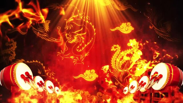 Traditional Chinese taiko drums with red drumheads and dragon phoenix motifs illuminated by dramatic golden light and fire effects