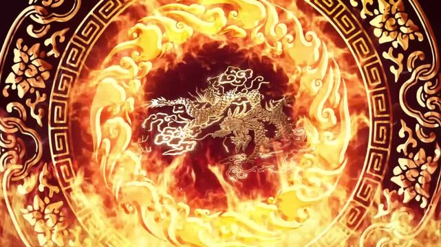 Chinese dragon in fiery ornamental circle with traditional cloud motifs and golden scrollwork