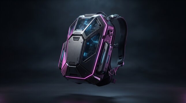 Futuristic hard-shell tactical backpack with geometric armor panels, titanium details and glowing blue circuitry with neon pink purple illumination.