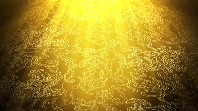 Golden Chinese dragon and cloud pattern animation with radiant light beams, traditional decorative motif