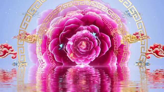 Animated pink peony flower with Chinese cloud motifs and golden meander border, reflected in water, digital illustration