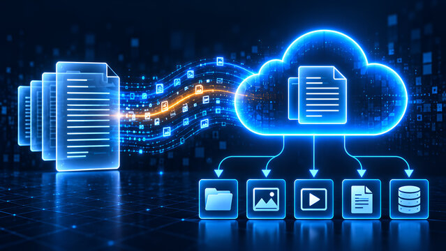Cloud storage migration concept showing digital documents transferring into cloud server database architecture