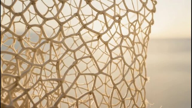 Close-up of tangled fishing net with golden sunlight filtering through mesh against hazy background
