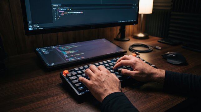 Programmer typing code on mechanical keyboard with dual monitor setup in dark room, software development, web design, coding workspace, computer engineering, night work concept