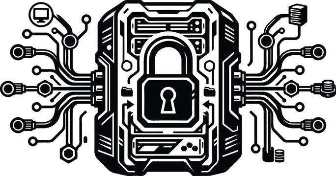 Abstract illustration of a secure server system with digital circuitry.