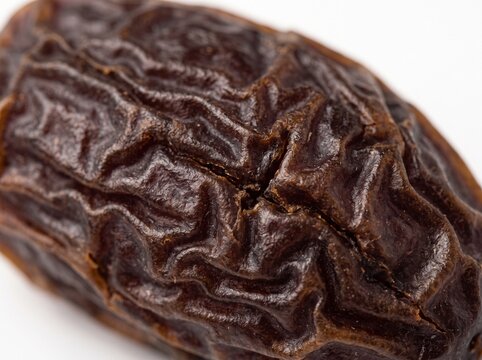 Macro close up shot of a sweet dried date fruit showing textured wrinkled skin