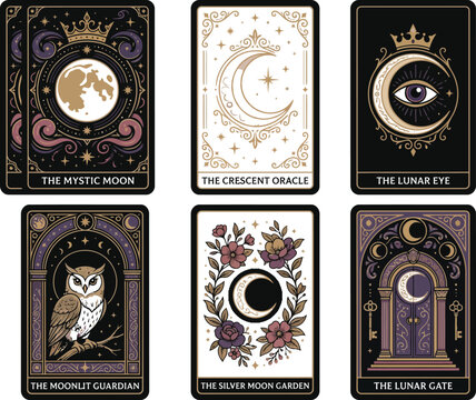 Mystic moon tarot card collection featuring celestial elements and occult symbols for spiritual divination design projects