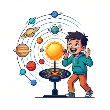 Excited Boy Watching Rotating Solar System Model Vector Illustration