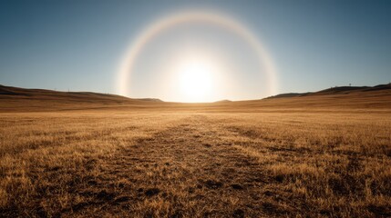 Obraz premium Solar Halo over a Dry Field: A breathtaking atmospheric phenomenon, a solar halo, arches over a vast, sun-drenched field of dry grass under a clear blue sky, evoking a sense of awe and wonder.