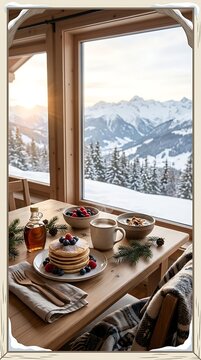 Cozy Breakfast with Pancakes in a Mountain Chalet During Winter Morning