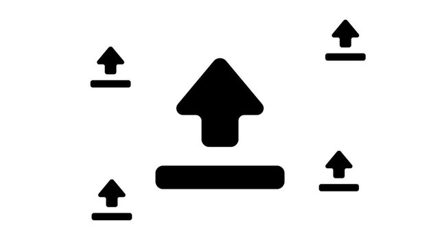 Zoom in and out animation the upload symbol. Large black symbol in the center and four small symbols around. Seamless looped 4k animation on white background