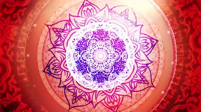 animated mandala pattern with glowing purple and blue floral symmetry on red ornamental background