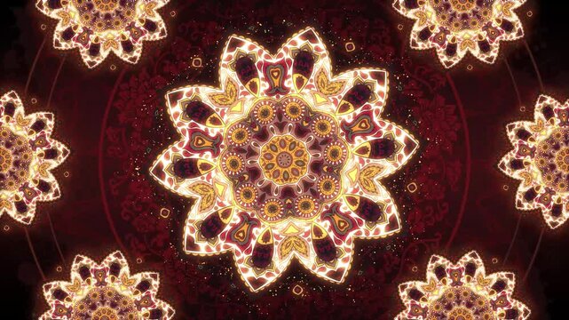 Glowing ornate mandala pattern with intricate floral symmetry on deep red background, animated with subtle shimmer and particle effects