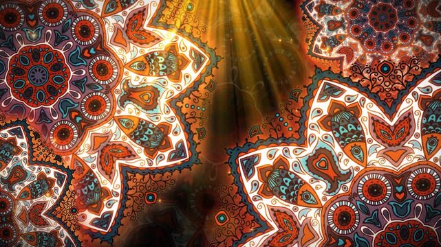 Ornate mandala pattern animation with glowing orange and teal symmetry, radiant light beams, and intricate floral motifs for digital background or meditation visual