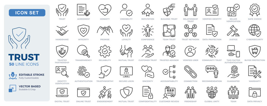 Trust icon set.  Security, verification, reputation, credibility, truth, honesty thin line icons. Editable stroke vector illustrations.