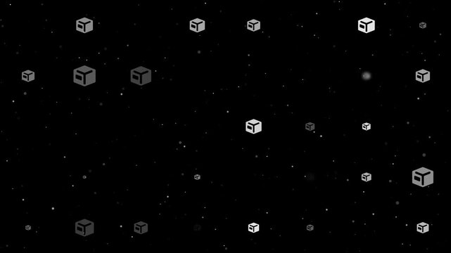 Template animation of evenly spaced package box symbols of different sizes and opacity. Animation of transparency and size. Seamless looped 4k animation on black background with stars