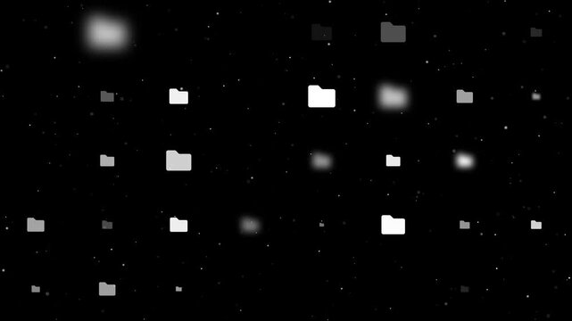 Template animation of evenly spaced folder symbols of different sizes and opacity. Animation of transparency and size. Seamless looped 4k animation on black background with stars