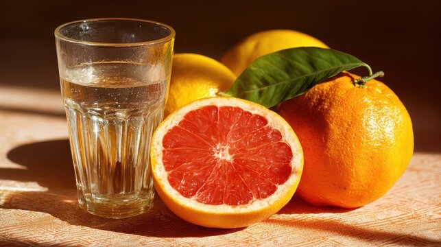 Citrus Refresher: A clear glass of water sits beside a halved grapefruit, a whole orange, and a lemon, casting dramatic shadows and highlighting their vibrant colors.