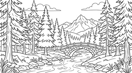Naklejka premium Black and white vector illustration of a forest landscape with a stone bridge over a river and mountains in the background.