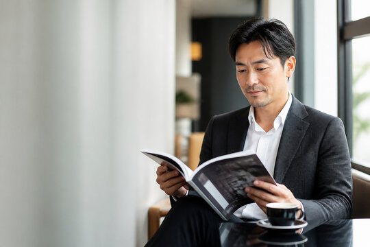 カフェのソファで雑誌を読む日本人男性