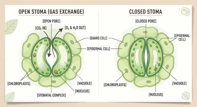 Plant leaf stomata diagram vector illustration comparing open stoma gas exchange pore and closed stoma featuring guard cells and chloroplasts anatomy chart