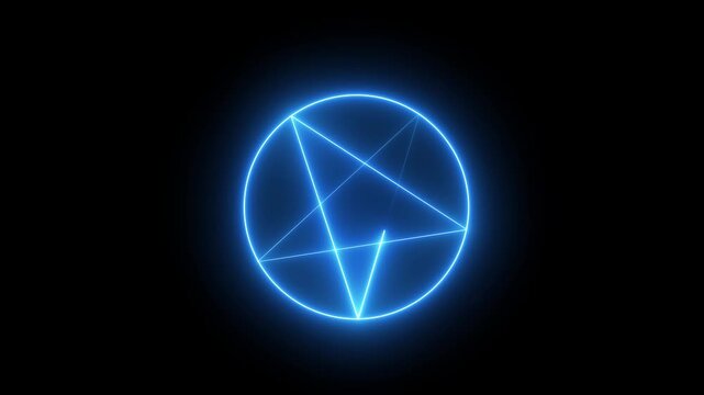Glowing blue neon pentagram star inside circular ring graphic design animation.